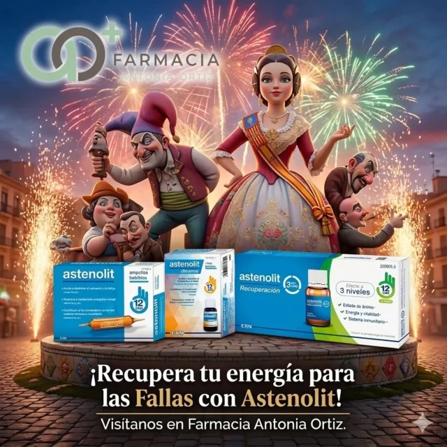 🔥 ¿Tu cuerpo te pide una tregua pero tu corazón es fallero?
No dejes que el cansancio te quite ni una 'mascletà'. 
En Farmacia Antonia Ortiz te ayudamos a mantener el ritmo con Astenolit. 🚀 Ya sea para aguantar los pasacalles o recuperarte tras la intensidad de la fiesta, ¡tenemos tu aliado perfecto! 

​¿Por qué elegir Astenolit? 

Sus propiedades marcan la diferencia:
​L-Carnitina: Ayuda a transportar los ácidos grasos a las células para convertirlos en energía pura. ¡Gasolina para tus pies! 👟

​L-Arginina y L-Glutamina: Aminoácidos clave que ayudan a la recuperación muscular y a mantener el sistema inmunitario alerta (fundamental con tanto cambio de temperatura). 🛡️

​Inositol: Mejora el rendimiento intelectual y el estado de ánimo. ¡Para no perder la sonrisa ni en la última ofrenda! 😊

​Vitaminas B1, B6 y B12: El complejo esencial para reducir el cansancio y la fatiga, apoyando tu metabolismo energético normal. 🔋

​Contamos con las tres fórmulas según lo que necesites:

1️⃣ Astenolit Clásico: El de siempre, eficacia probada.
2️⃣ Astenolit Dinamic: Con extracto de Eleuterococo para un extra de alerta y concentración. 🧠
3️⃣ Astenolit Recuperación: Ideal para después de los días más intensos de inactividad o gran esfuerzo.

Pásate a vernos y que nada te pare. ¡Vixquen les Falles!

 🎇 #Falles2026 #ValenciaEnFalles #EnergiaFallera #Astenolit #FarmaciaAntoniaOrtiz"
