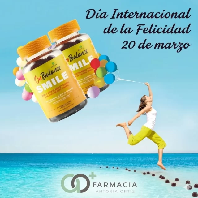 ​¡Hoy celebramos el Día Internacional de la Felicidad! 🌈✨

​En Farmacia Antonia Ortiz sabemos que estar bien por fuera empieza por sentirse bien por dentro. Por eso, hoy te recomendamos Aquilea OnBalance Smile, tu aliado diario para:

​✅ Mejorar el ánimo: Gracias al extracto de Azafrán que favorece el equilibrio emocional.

​✅ Reducir el estrés: Con Ashwagandha para ayudar al cuerpo a lidiar con el agobio.

​✅ Energía mental: La Vitamina B6 te ayuda a mantener la vitalidad y disminuir el cansancio.

​✅ Formato delicioso: ¡Gummies veganas con un sabor cítrico increíble! 🍋

​¡No dejes que el estrés te quite la sonrisa! Pásate por la farmacia y descubre cómo recuperar tu equilibrio natural. 💛

​#FarmaciaAntoniaOrtiz #DiaDeLaFelicidad #AquileaSmile #BienestarEmocional #SaludMental