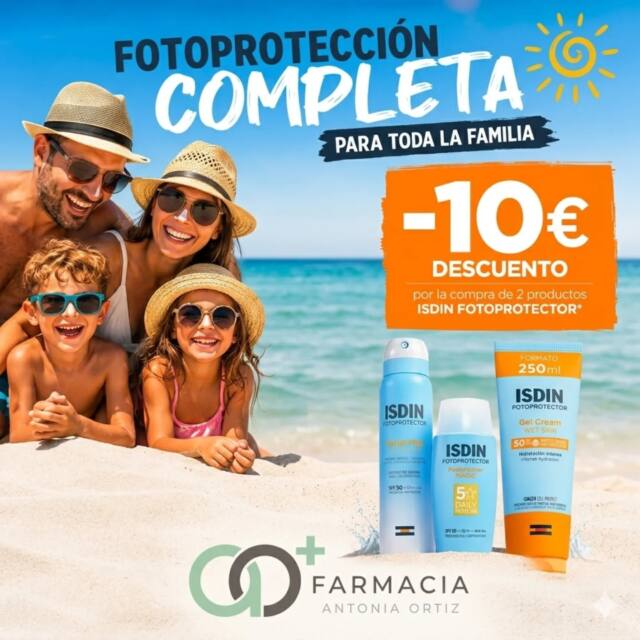 ​☀️ ¡SÚPER PROMO: PROTECCIÓN COMPLETA PARA TU PIEL! ☀️

​¿Preparados para el buen tiempo? En Farmacia Antonia Ortiz queremos que disfrutes del sol con total seguridad. Por eso, te traemos un descuento exclusivo que no puedes dejar escapar. 🕶️✨

​¡¡-10€ DE DESCUENTO DIRECTO!! 🥳
Por la compra de 2 productos de la gama ISDIN Fotoprotector.
​ Promoción válida desde el 18 de mayo hasta el 31 de mayo. ¡Solo por tiempo limitado!
​Válido para TODA la gama de fotoprotección de ISDIN (Facial Mist, Fusion Water Magic, Gel Cream Wet Skin, ¡y muchos más!).

​Nota: Queda excluida de la promoción la línea Eryfotona.

​🌊 Encuentra tu aliado perfecto:

*​Fusion Water Magic: Textura ultra-ligera de absorción inmediata para el día a día.
*​Gel Cream Wet Skin: Ideal para los más activos de la casa, ¡se puede aplicar incluso sobre la piel mojada!
*​Facial Mist: Para refrescar y reaplicar tu protección de forma cómoda en cualquier parte.

​No dejes pasar estos días y prepara el neceser de toda la familia al mejor precio. 💛

​👇 ¡Te esperamos! Ven a visitarnos o escríbenos para reservar tus favoritos antes de que se agoten. 

#FarmaciaAntoniaOrtiz #Isdin #Fotoproteccion #DescuentoIsdin #CuidadoDeLaPiel