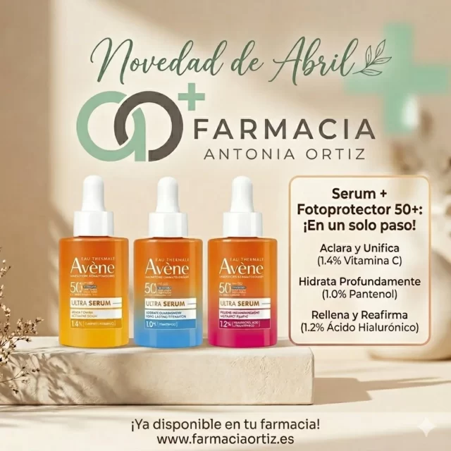 ¿Poco tiempo por las mañanas? 🕒 ¡Tu rutina de skincare acaba de simplificarse!

​Llegan los nuevos Ultra Serums de Avène: la combinación perfecta de tratamiento específico y protección solar SPF 50+ en un solo paso. 🧴✨

​Elige el tuyo según lo que tu piel necesite:

🧡 Vitamina C: Para iluminar y unificar el tono.

💙 Pantenol: Hidratación profunda y calma inmediata.

💖 Ácido Hialurónico: Rellena y reafirma desde la primera gota.

​Protección y cuidado, sin texturas pesadas. ¡Ven a por el tuyo!

​📍 Disponible en Farmacia Antonia Ortiz.

​#FarmaciaAntoniaOrtiz #Avene #SkincareTips #ProteccionSolar #NovedadesAbril
