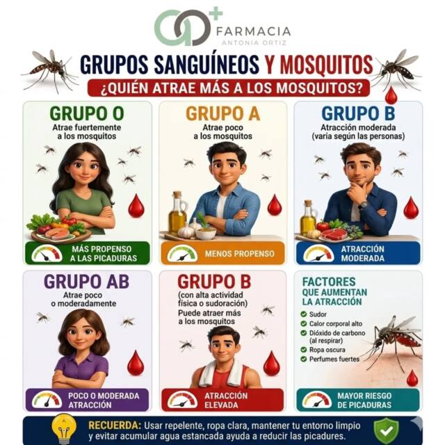 ​¿Sabías que los mosquitos pueden tener sus "preferencias" a la hora de elegir a quién picar? 🦟🩸

​Como podras ver factores como el grupo sanguíneo, la sudoración y el calor corporal influyen en esa molesta atracción.

​Pero no te preocupes, ¡en Farmacia Antonia Ortiz estamos para ayudarte a que este verano las picaduras no sean un problema! 🛡️

​¿Cómo prevenir las picaduras?

*​Utiliza repelentes eficaces: Aplica productos adecuados para tu tipo de piel y zona.

*​Elige ropa clara: Los mosquitos se sienten más atraídos por los colores oscuros.

*​Mantén tu entorno limpio: Evita dejar agua estancada en macetas o recipientes cerca de casa, ya que es donde se reproducen.

​Controla los olores: Ten cuidado con los perfumes muy fuertes, ya que pueden atraerlos.

​¡Pásate por nuestra farmacia y te asesoraremos sobre el repelente ideal para toda la familia! 👨‍👩‍👧‍👦✨

​💬 Cuéntanos, ¿eres de los que siempre acaba con picaduras o te sueles librar? ¡Te leemos en comentarios! 👇

​#FarmaciaAntoniaOrtiz #PrevencionPicaduras #VeranoSinMosquitos #Salud #ConsejoFarmaceutico