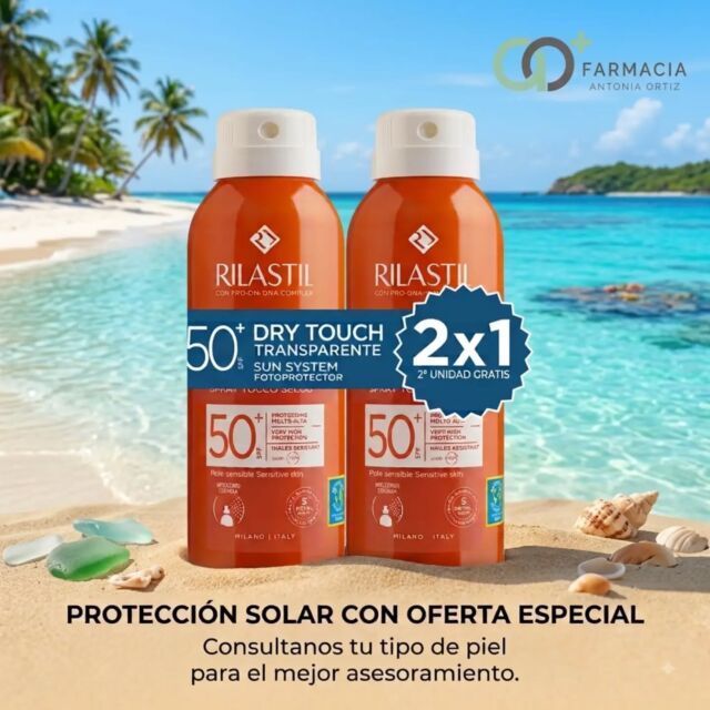 ​☀️ ¡Llévate la mejor protección solar al mejor precio! 🌊

​En Farmacia Antonia Ortiz queremos que disfrutes del sol cuidando tu piel como se merece. Por eso, tenemos activa esta super oferta 2x1 en el fotoprotector Rilastil Sun System SPF 50+ (Dry Touch Transparente).

​✨ ¿Por qué te va a encantar este protector solar?

*​Protección Muy Alta (SPF 50+): Escudo de amplio espectro contra radiaciones UVA y UVB, formulado con *Pro-DNA Complex para ayudar a prevenir el envejecimiento prematuro de la piel.
*​Textura Dry Touch (Tacto Seco): Se absorbe al instante sin dejar sensación pegajosa ni brillos molestos. ¡Invisible en la piel!
*​Spray Transparente e Inclinable (360°): Su formato de aplicación continua te permite aplicarlo en cualquier ángulo, incluso boca abajo. Ideal para llegar fácilmente a la espalda y las piernas.
*​Resistente al Agua: Apto para tus días de playa o piscina, garantizando protección durante tus baños.
*​Apto para Pieles Sensibles: Testado dermatológica y clínicamente, perfecto para el cuidado de toda la familia.

​🛍️ ¡Aprovecha la promoción 2x1 antes de que se agoten!

📍 Te esperamos en Farmacia Antonia Ortiz para asesorarte y encontrar el fotoprotector ideal para tu tipo de piel.

​#FarmaciaAntoniaOrtiz #Rilastil #ProteccionSolar #Oferta2x1 #Fotoproteccion