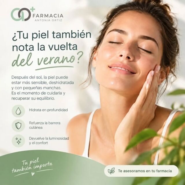 ​¿Tu piel también nota la vuelta del verano? ☀️➡️🍂

​Tras semanas de sol, playa y piscina, es totalmente normal que notes el rostro más sensible, apagado, deshidratado o con pequeñas manchas. ¡Es el momento perfecto para reparar la barrera cutánea y devolverle todo su confort y luminosidad!

​En Farmacia Antonia Ortiz queremos acompañarte en este cambio de estación con los mejores cuidados dermatológicos de la mano de Bioderma:

​💧 Piel deshidratada y con tirantez: Restaura la jugosidad y el equilibrio hídrico natural con la gama Hydrabio (en especial el nuevo Hydrabio Hyalu+ Serum, ideal para rellenar e hidratar profundamente).

✨ Tono apagado o manchitas solares: Devuelve el brillo y unifica la tez con la gama Pigmentbio, perfecta para corregir la hiperpigmentación tras la exposición al sol.

🛡️ Sensibilidad o sequedad extrema: Refuerza la barrera protectora con la calma inmediata de Sensibio o la nutrición de Atoderm.
​Tu piel también importa, y cada tipo de piel necesita una pauta personalizada.

​📍 Pásate por nuestra farmacia: Te asesoramos para diseñar tu rutina ideal después del verano. ¡Te esperamos!

​
​#FarmaciaAntoniaOrtiz #Cuidadodelapiel #RutinaFacial #Bioderma #SkincareDespuesDelVerano