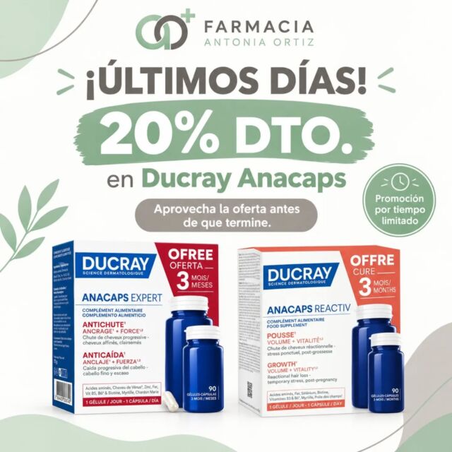 🚨 ¡ÚLTIMOS DÍAS DE OFERTA! 🚨

🌿 ¿Quieres cuidar tu cabello desde dentro? ¡Aprovecha nuestra promoción!

💙 -20 % DTO. en Ducray Anacaps 💙

✨ ANACAPS EXPERT: para ayudar a fortalecer el cabello y contribuir a reducir su caída progresiva.

🧡 ANACAPS REACTIV: pensado para situaciones de caída reactiva, como las asociadas al estrés puntual o al posparto.

⏳ ¡Date prisa! Son los últimos días para aprovechar esta promoción.

📍 Te esperamos en Farmacia Antonia Ortiz. ¡Estaremos encantados de asesorarte para elegir el producto más adecuado para ti!

#FarmaciaAntoniaOrtiz #Ducray #Anacaps #CuidadoCapilar #SaludCapilar